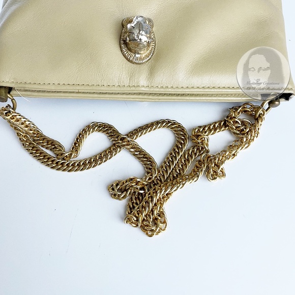 Vintage Ruth Saltz Shoulder Bag Retro 80s Beige Leather Cougar Head Chain Straps - Picture 7 of 9